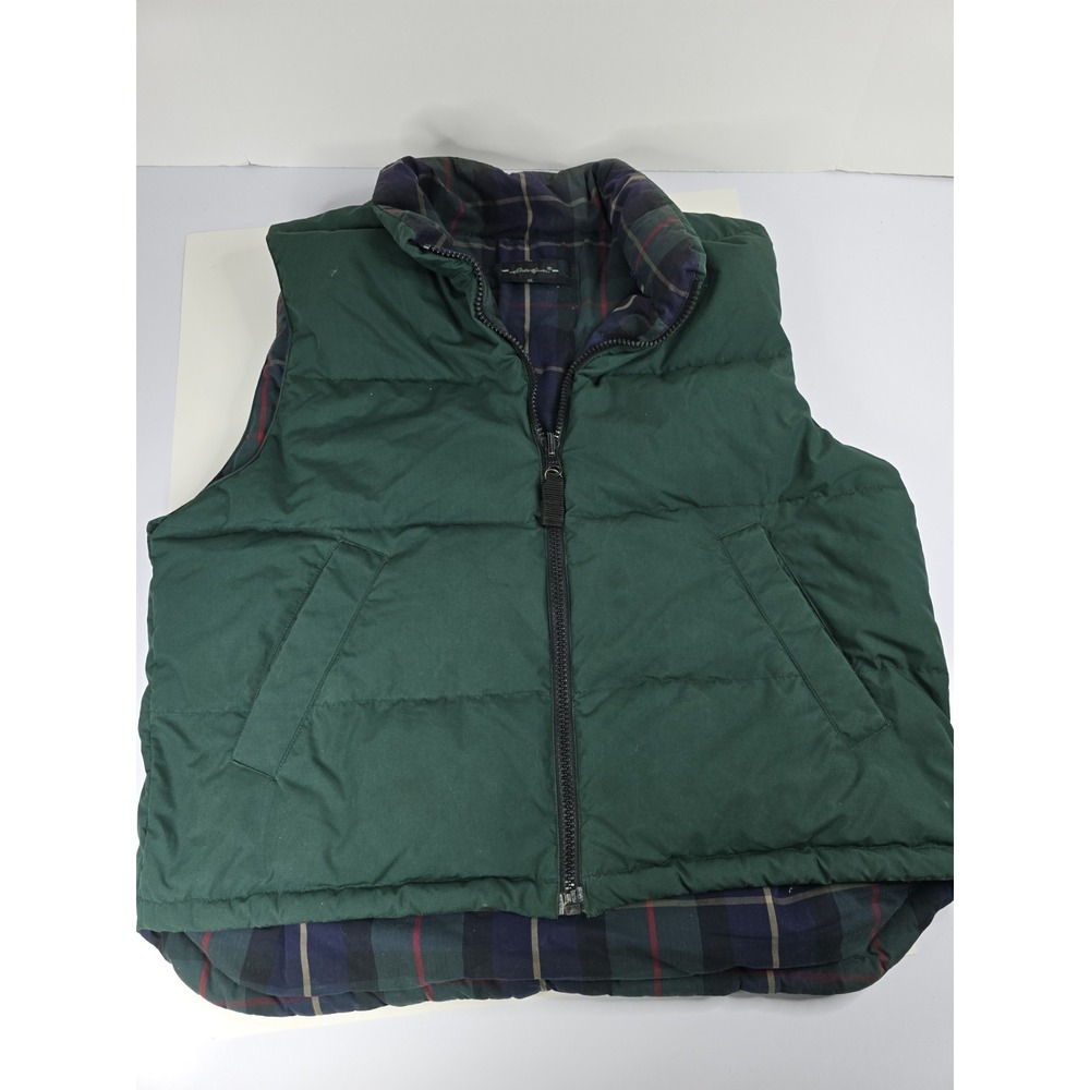 Men's Eddie Bauer Puffy Vest Size Large Goose Down Reversible Green & Plaid